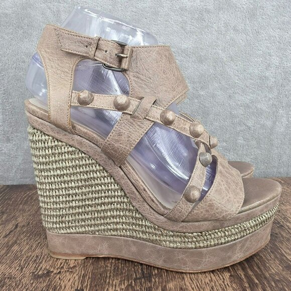 Balenciaga Arena Espadrille Wedges Sandals 10 Taupe Grey Studded Leather Raffia - Picture 6 of 16